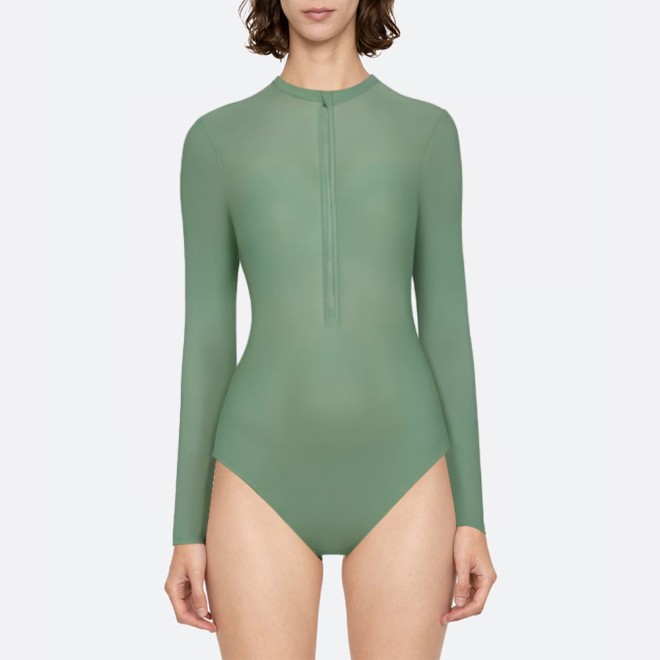 Green women's zip front long sleeve wetsuit